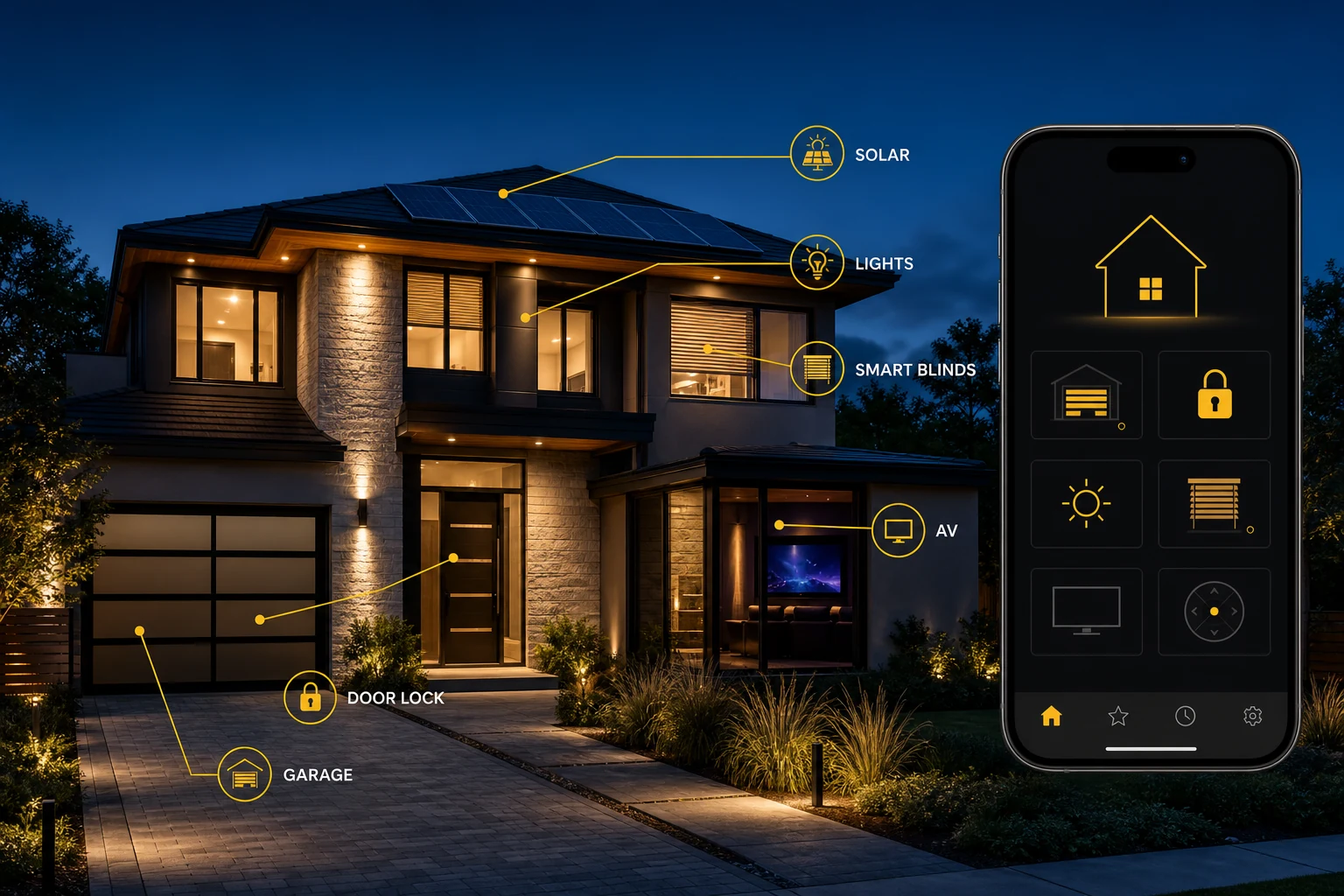 Smart home and phone controls connected to lighting, blinds, home audio, garage access and door locks