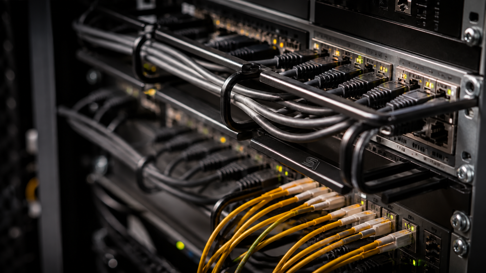 Close-up of organized network and fibre connections in a communications rack