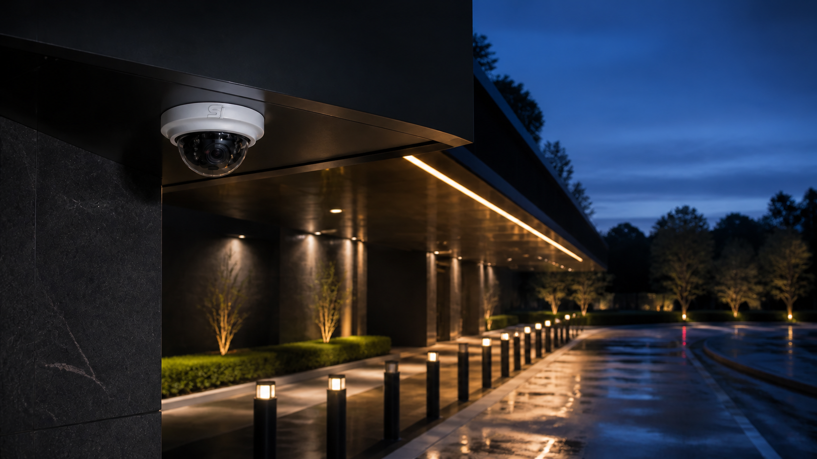 Commercial security camera mounted under an exterior entrance canopy at dusk